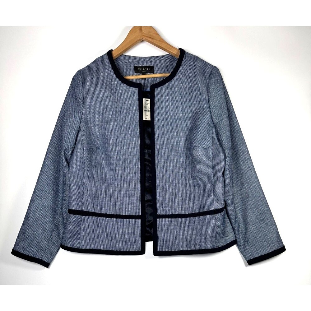 Talbots Blazer Womens 12P‎ Blue Textured Open Front Contrast Trim Detail Jacket